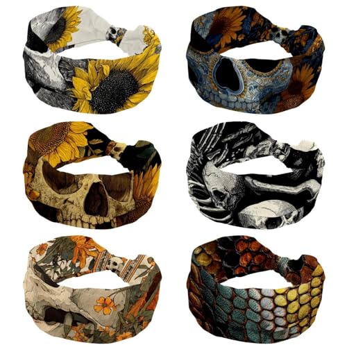 Bandeaux larges pour femme lot de 6 serre-têtes doux élastiques sport yoga motif crâne tournesol