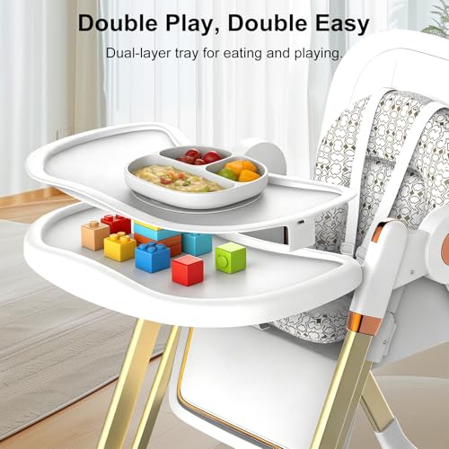 Image of Baby High Chair, Foldable High Chair for Babies and Toddlers with Wheels, Adjustable Highchair with 2 Seat Modes, Removable Dual Tray, PU Cushion, 5-Point Harness, White