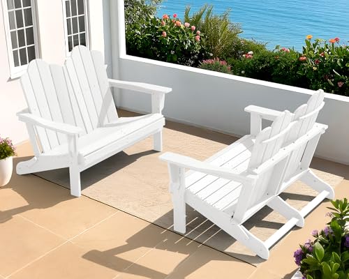 Image of SERWALL Folding Adirondack Bench Set of 2, HDPE All-Weather Adirondack Loveseat, Folding Outdoor Bench, White