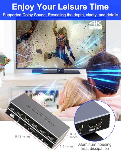 Image of Hdmi Switcher 4 in 1 Out - New 8K@60Hz 4K@240Hz /144Hz /120Hz HDMI Splitter with Remote Support 3D /HDR /HDCP2.3, for PS5 /4 Xbox Nintendo Switch Roku Apple TV Fire Stick 4 Port 8k HDMI2.1 Switch