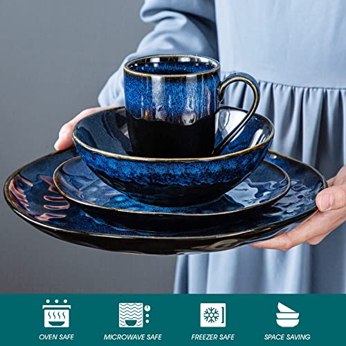 Vancasso 16 Pieces Blue Dinnerware Set, Reactive Glaze Dish Set, Plates And Bowls Set #TOP3