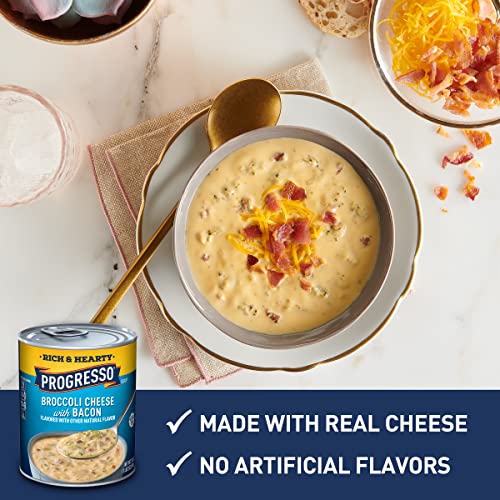 Image of Progresso Rich & Hearty Broccoli Cheese Soup with Bacon, Gluten-Free, 18 oz | Tender broccoli, Real bacon bits in creamy cheese broth, No artificial flavors, No colors from artificial sources