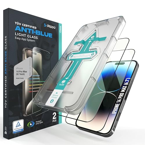 Deppa |2 Pack| Anti-Blue Light Screen Protector for iPhone 14 Pro Max (6.7')| Scratch Resistant Tempered Glass | 3D Edge to Edge Coverage | Easy Installation Kit | Eye Safeguard TÜV Certified