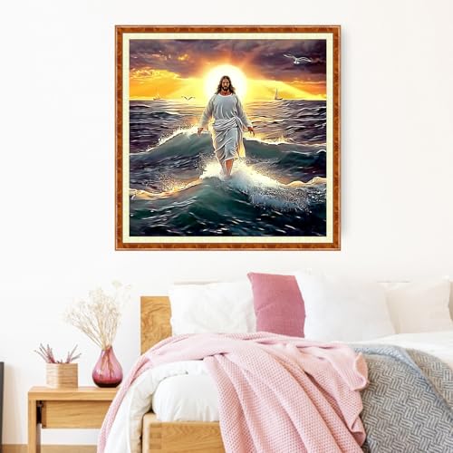 Image of Joyhoor Stamped Cross Stitch Kits for Beginners Needlepoint Kits for Adults Embroidery Kits 11CT Counted Cross Stitch Kits Printed Embroidery Pattern-Sunrise Over Sea with Jesus 18x18 inch
