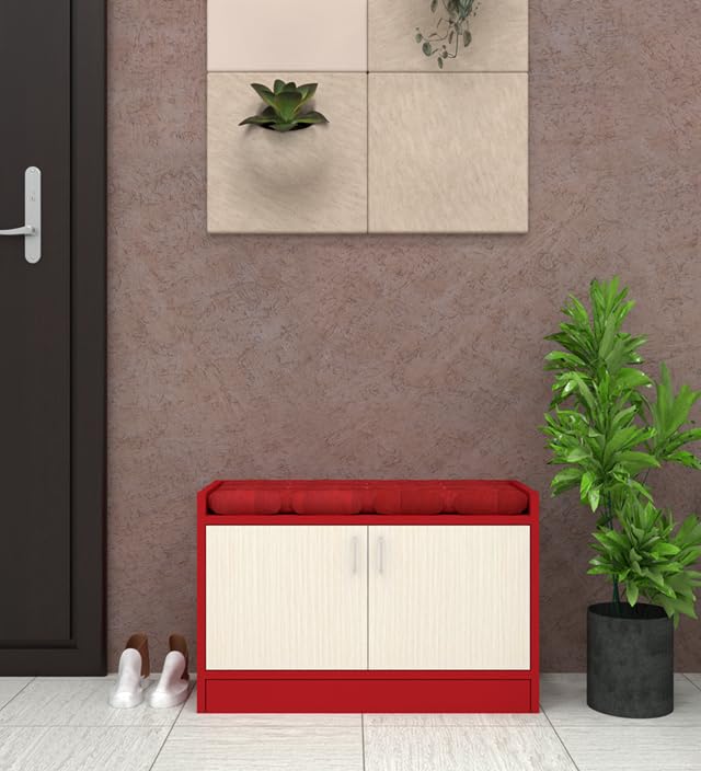 Image of SPECIALITY PANELS 2 Door Shoe Rack with Cushion, Red and White, 75x49x37.5 cm, DIY Assembly Storage Bench