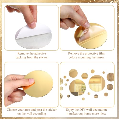 Shappy 32 Pieces Mirror Wall Stickers Removable Acrylic Setting Adhesive Round Circle Mirror Tiles Decals for Home Living Room Bedroom Decor(Gold,Small Size) - Thumbnail 3