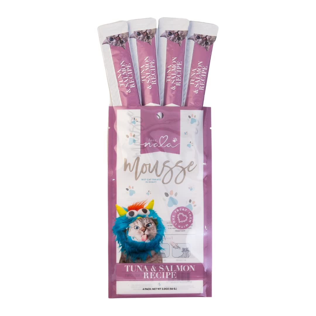 LOVE, NALA - Natural Lickable Cat Squeeze Up Treat,Topper - Tuna & Salmon Mousse - Wet Food Cat Puree - Grain Free, Non-GMO, Minerals, Vitamins - 4 Pack 2 oz.