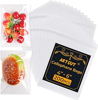 Artcut 200 PCS Cellophane Bags, 4" X 6" Cookie Bags Clear Bags Clear Cellophane Bags, Small Sweet Bags Sweet Bags Cellophane, Small Plastic Bags Treat Bags Clear Bags for Sweets, Gifts