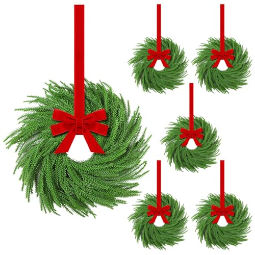 Hotop 6 Set Mini Christmas Wreath for Cabinet Kitchen Windows Decors Bulk with Red Bow Small Artificial Norfolk Farmhouse Wreaths with Berry Pine Cone for Fireplace Front Door Porch Wall Hanging