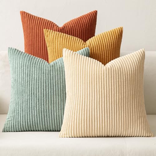 Image of MIULEE Boho Farmhouse Throw Pillow Covers 18x18 Inch Set of 4 Summer Modern Natural Decorative Cushion Covers Soft Corduroy Fall Home Decor for Couch Bed Sofa Living Room Teal-Rust Gradient Series