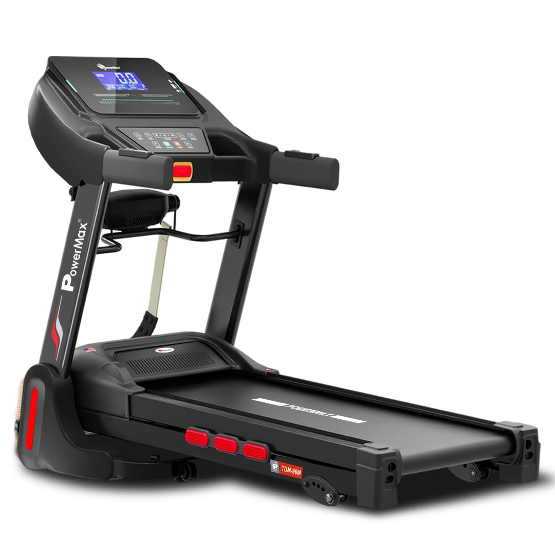 PowerMax Fitness TDM-96M 4HP DC Motorized Treadmill for Home Use with 4-Level Manual Incline | 14km/hr Speed | 110KG Capacity | Bluetooth App Support | Speaker for MP3 | Massager | LCD Display