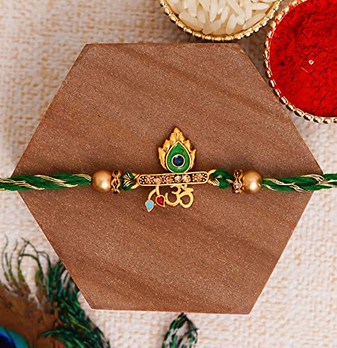 Image of eCraftIndia Pack of 5 Green Golden Om & Peacock Feather Religious Designer Rakhi for Brother Bhaiya Bhai | 5 Best Bro Ever Fridge Magnets | Roli Chawal Pack | Raksha Bandhan Gift Set