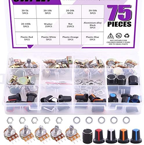 Swpeet 75Pcs B5K 10K 20K 50K 100K Ohm Knurled Shaft Linear Rotary Taper Potentiometer with 5 Different Kinds Knob(WH148) Kit for Tinkering