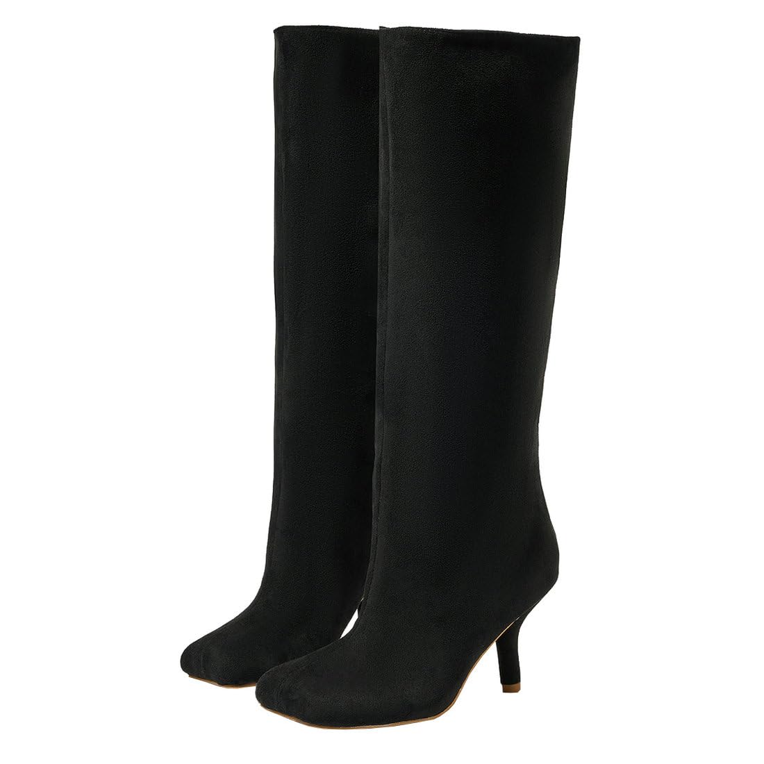 Trendenzy Wide Calf Knee High Boots Women Square Toe Faux Suede Kitten Heel Long Boots Pull On Fashion