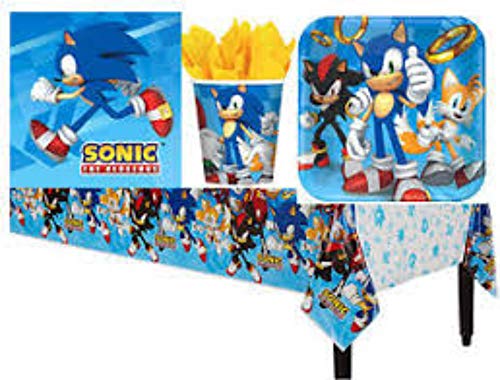 CAPRILO Lote de Cubiertos Infantiles Desechables Modern Sonic (8 Vasos, 8 Platos y 16 Servilletas y 1 Mantel) .Vajillas y Complementos. Juguetes y Regalos de Cumpleaños, Bodas, Bautizos y Comuniones.