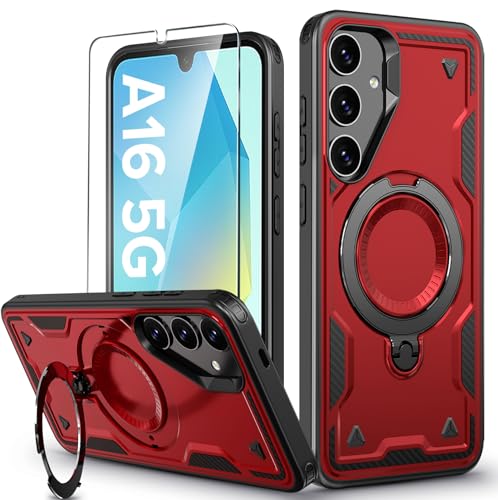 Image of for Samsung Galaxy A16 Case Magnetic with Stand, with Mag-Safe, with Screen Protector, Wireless Charging, Shockproof for Samsung A16 5G Phone Case, Ring Holder Phone Cover, for Samsung A16 Red
