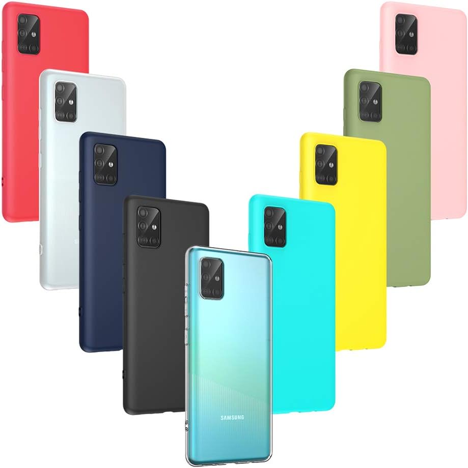 Oududianzi - 9x Samsung Galaxy A51 Case, Ultra-Thin Silicone Cover Soft Flexible Colour Candy (9 Colours) - [ Black + Red + Translucent + Blue + Mint Green + Pink + Blue + Green + Yellow ]