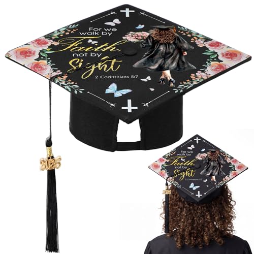 Dunzoom Christian Graduation Cap with 2026 Year Tassel Charm 9.5 x 9.5'' Religious Grad Hat with Printed Inspirational Bible(Walk by Faith, Not by Sight)