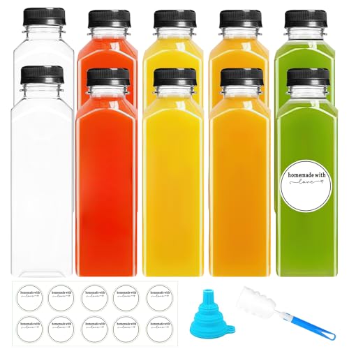 Woobroo 10 Pack Juice Bottles Plastic Bottles 400ML Empty Clear Juice Drink Bottles Reusable PET Plastic Bottles with Tamper-Evident Lids for Smoothies Milk Homemade Drinks
