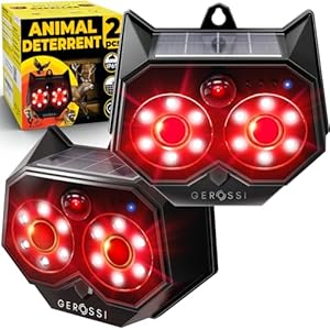 Upgraded Animal Deterrent 2 Pack – Solar Powered Design w/Motion Activated Predator Eyes – Effective Repellent Device for Coyote, Deer, Fox, Raccoon – Predator Lights for Chicken Coop, Farm, Yard