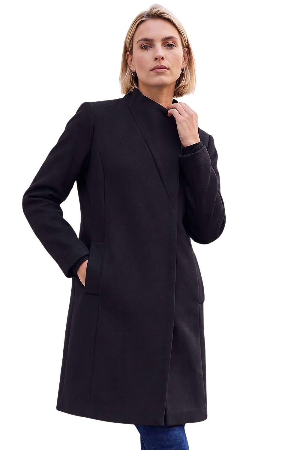 Roman Originals Tailored Funnel Neck Pocket Detail Coat for Women UK - Ladies Everyday Autumn Winter Comfy Soft Evening Vacation Work Party Night Out