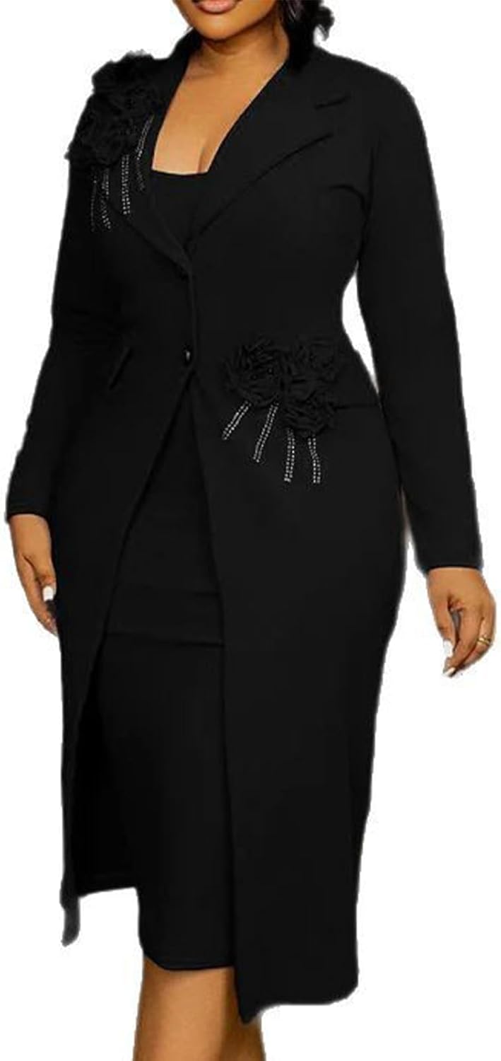 Molisry Women's 2 Piece Blazer Dress Set Formal Rhinestone 3D Flower Bodycon Midi Dress with Overcoat Business Suit Set