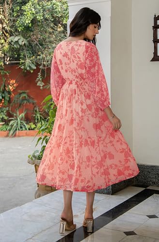 Image of Janasya Women's Lavender Dobby Georgette Floral Tiered Dress