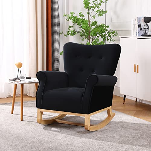 Image of OUYESSIR Rocking Chair for Nursery, Upholstered High-Back Accent Arm Chair, Comfortable Rocker Fabric Padded Seat, Modern Leisure Single Glider Chair for Living Room, Hotel, Bedroom (Black)