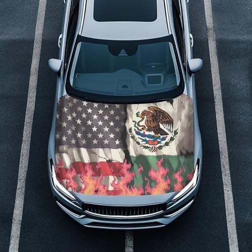 Image of Car Hood Cover Protector, an All-Weather Mexico USA Flame Flag Print Half Car Cover for Sunshade and Snow Protection, Suitable for All Seasons