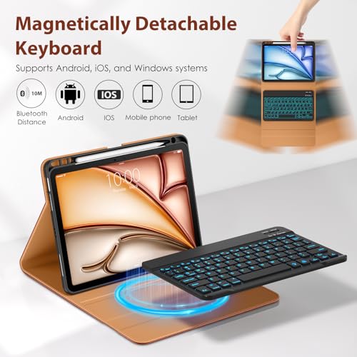 Image of DTTO Keyboard Case for iPad Air 11 Inch M4 /M3 /M2 2026 /2025 /2024, iPad Air 5th /4th Gen 10.9-Inch, 7 Colors Backlit Wireless Detachable Folio Keyboard Cover with Pencil Holder & Pocket, Brown