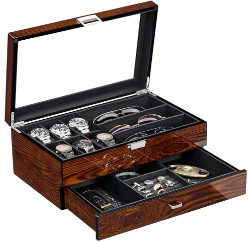 BEWISHOME High-End Watch Box, 6-Slot Watch Case and 3 Glasses Case, 2-Layer Wooden Mens Jewelry Box with Large Glass Lid, Luxury Watch Display Case for Men Watch Storage, PU Leather Interior, Brown