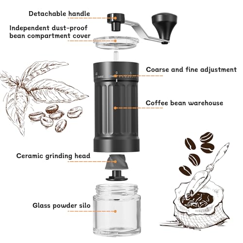 NCTNCX Kaffeemühle Manuell Kaffeemühle Hand Handkaffeemühle Hochpräzisen Keramik Kegelmahlwerk Verstellbarer Mahlgrad Coffee Grinder for Home, Outdoors and Camping
