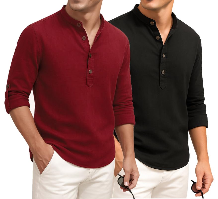 Image of DEELMO Combo of Men's Cotton Blend Solid Regular Fit Full Sleeve Short Kurta | Men's Trendy Short Kurta Pack of 2