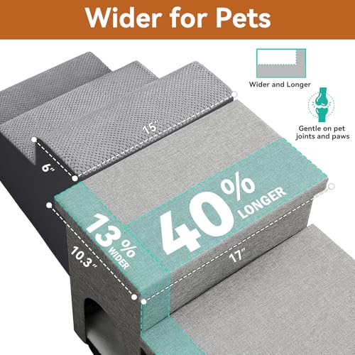 Image of Zerbuger Dog Stairs 15 inch H, 2-Step Wider Dog Steps for Small /Medium /Large Old Dogs Cats, Folding Sturdy Storage Pet Stairs Climbing Bed Couch, Dog Ramp for Car Hold Up to 150 lbs(Gray, with Condo)