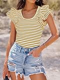 ZESICA Women's Ruffle Short Sleeve Striped T Shirts Summer Scoop Neck Slim Fitted Causal Basic Tee Tops,Yellow,Medium