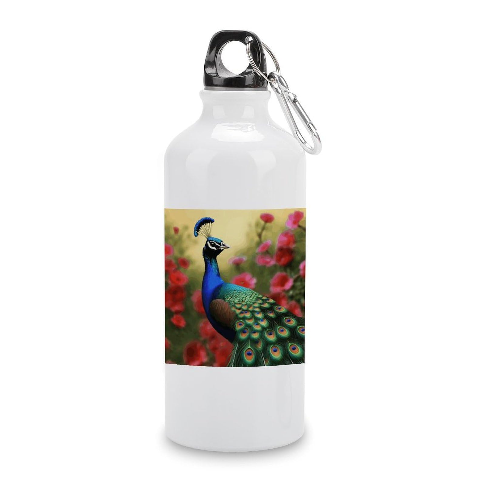 VstaDank Peacock Flowers Water Bottles Aluminum Sports Water Bottle with Lid&Hook Buckle Fashion Vacuum Insulated Water Bottles Hydration Flask Leak Proof Tumbler Keep Cold&Hot