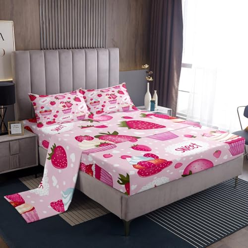 Homewish Pink Purple Strawberry Bed Sheets Queen Size,Fruits Cupcake Bedding Set,Sweet Dessert Cake Theme Fitted Sheet for Kids Girls Boys Teens Room Decor,White Pink Polka Dot Top Flat Sheet 4Pcs