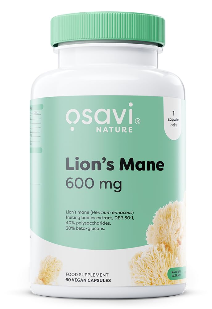 Osavi Lion’s Mane 600 mg – 60 Vegan Capsules | Hard Capsules with Hericium Erinaceus Extract | Standardized for Polysaccharides and Beta–Glucans