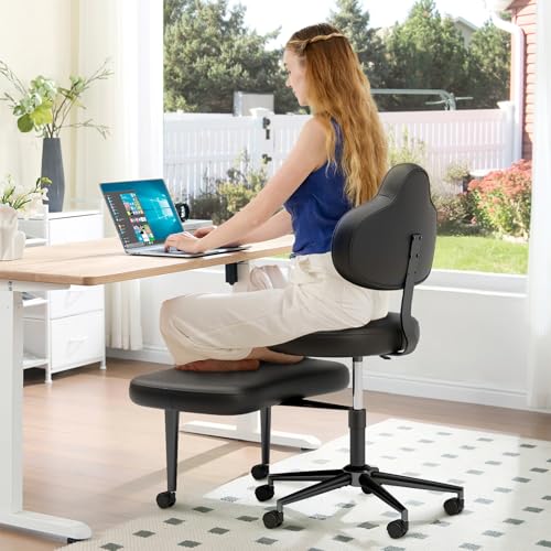 Image of Pinmoco Cross Legged Office Chair with Wheels, Meditation Chair, ADHD Chair for Adults, Wider Height Adjustable Backrest and Seat, Yoga Office Chair, PU Leather, Black