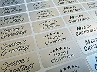 Merry, Happy Christmas Greeting Stickers, Silver Self-Stick Labels for Cards, Envelopes, Craft, Decoration