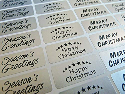 Merry Happy Christmas Greeting Stickers Silver Self-Stick Labels for Cards Envelopes Craft Decoration