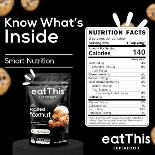 Image of EatThis Superfood Roasted Foxnuts (Makhana) Barbecue | Crunchy Healthy Snack | Olive Oil Roasted | Vegan, Gluten Free, Non-GMO | Pack of 4-12 oz