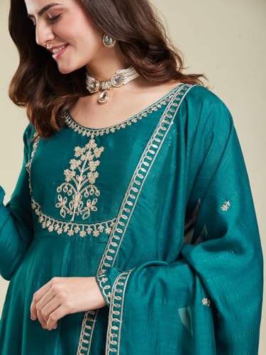 Image of MOKOSH Women's Silk Embroidery Anakrali Kurta Pant with Dupatta | Anarkali Kurta Set | Round Neck Full Sleeve Ethnic Suit | Floral Kurta 7 Colour Option Available | 3 Piece Outfit