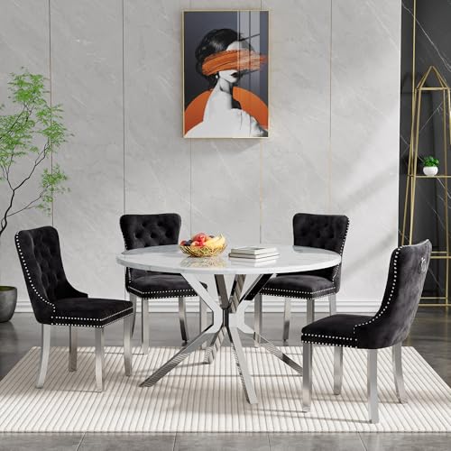 Image of 5-Piece Round Dining Table Set for 4, Modern Faux Marble Kitchen Table and Black Velvet Chairs Set of 4, Luxury 45 inch Circle White Silver Dining Room Tables with Stainless Steel Cross Legs