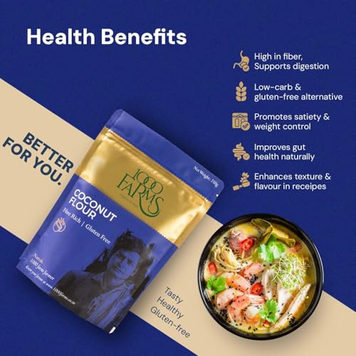 Image of 1000Farms Organic Coconut Flour 250g | 100% Natural Nariyal | Gluten Free, High Fiber for Better Digestion, Low Carb for Keto Diet | Ideal for Baking, Cakes & Cookies