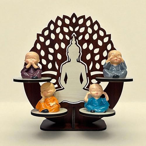 Image of P Arts Buddha Monk Under Tree Showpiece Set of 4 for Home Decor | Monk Tree Statue with Wooden Stand | Meditation Buddha Figurines | Spiritual Gift & Office Table Decor