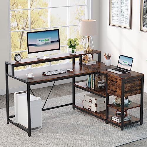 Image of Tribesigns Reversible L Shaped Desk with Drawer, Brown Corner Desk with Storage Shelves and Monitor Stand, Writing Table for for Small Space (Rustic)