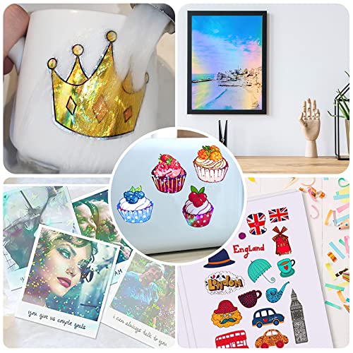 30 Blatt Holographische Aufkleber Transparent, 210 x 297 mm Glitzerfolie Abziehbilder Fensterfolie Selbsthaftend Hologrammfolie Vinylfolie A4 Wasserdicht für Bastelarbeiten Glasscheiben(6 Motive)