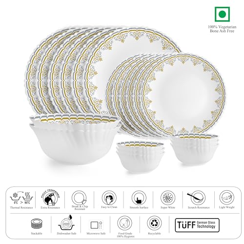 Image of Cello Dazzle Series Victor Opalware Dinner Set | 20Pcs | White | Service for 6 | Microwave & Dishwasher Safe | Light-Weight & Durable | Chip & Scratch Resistant | Best for Special Occasion & Gifting