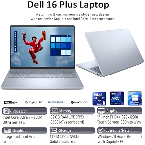 Image of Dell 16 Plus Touchscreen Laptop Computer, Intel Core Ultra 9 288V, 32GB LPDDR5X RAM, 1TB PCIe SSD, WiFi 7, Backlit Keyboard, Windows 11 Home